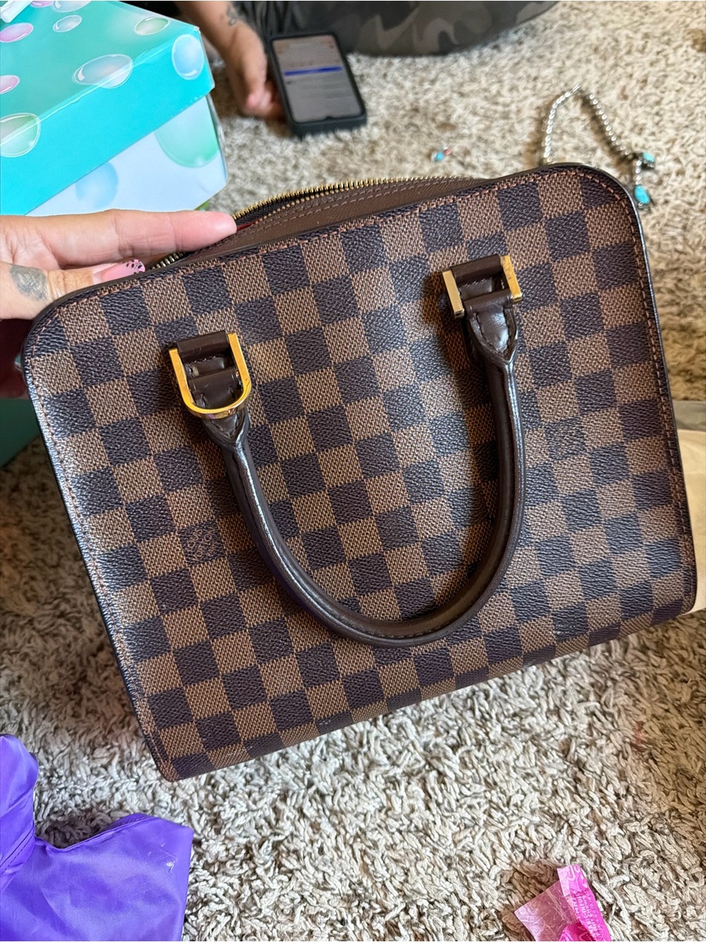 Louis Vuitton Damier Ebene Satchel in Brown with Gold Hardware